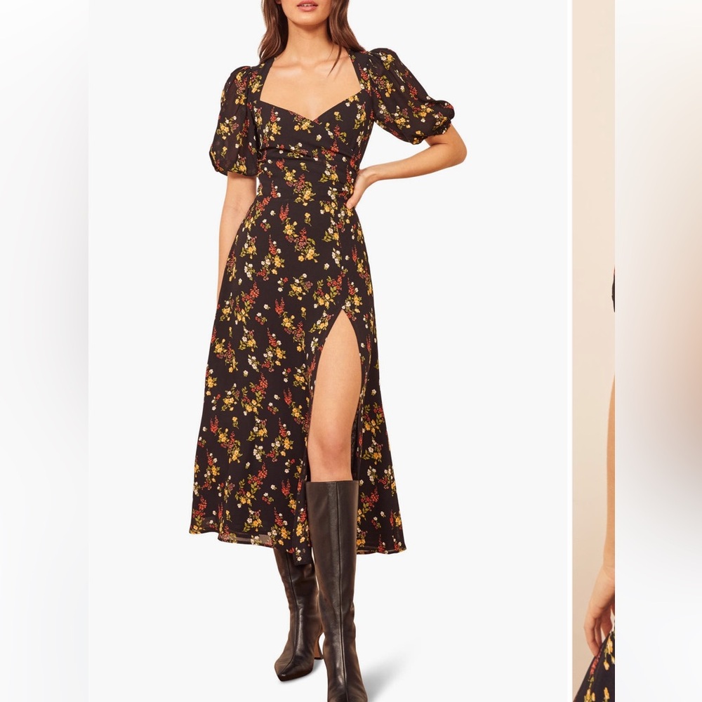 Reformation Black Floral Long Sleeve Dress
